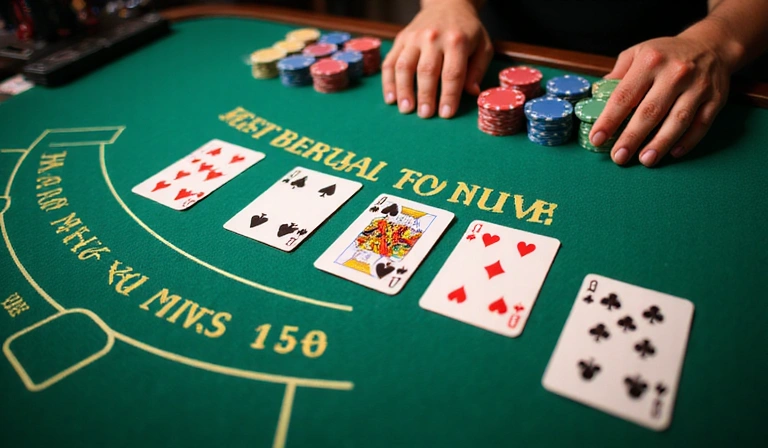 Blackjack table with cards, chips, and a dealer's hand