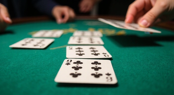 Close-up of playing cards being dealt on a green felt table