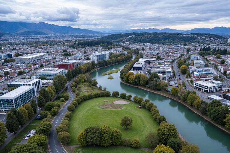 An aerial view of Christchurch city with modern buildings and green spaces