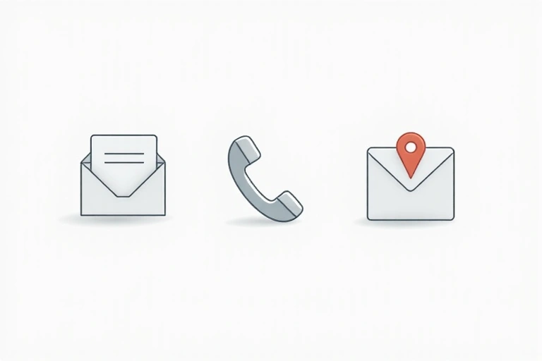 Stylized contact icons for email, phone, and address