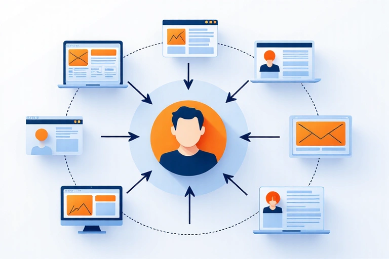 Targeted advertising concept with arrows pointing to a user profile