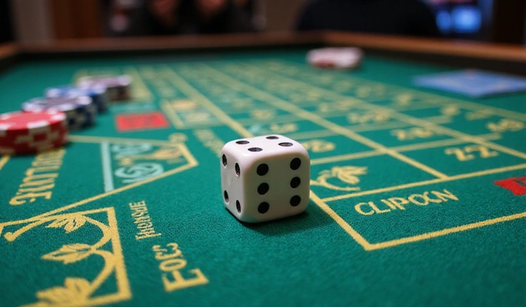 A vibrant, highly detailed craps table with dice mid-roll, showcasing various betting areas and chips. The table is well-lit, with a focus on the dice.