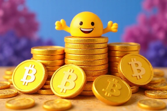 Virtual currency coin stack with a smiling character