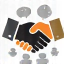 A stylized icon of a handshake, symbolizing social interaction and community, perhaps with speech bubbles or connected figures.
