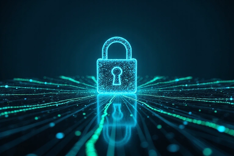 Cybersecurity lock icon with abstract data connections