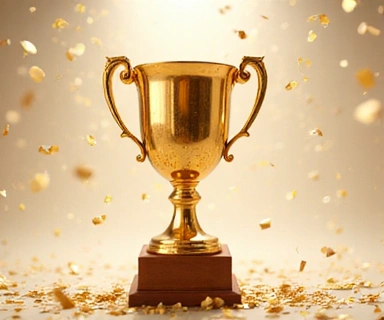 A golden trophy with confetti, symbolizing success and appreciation.