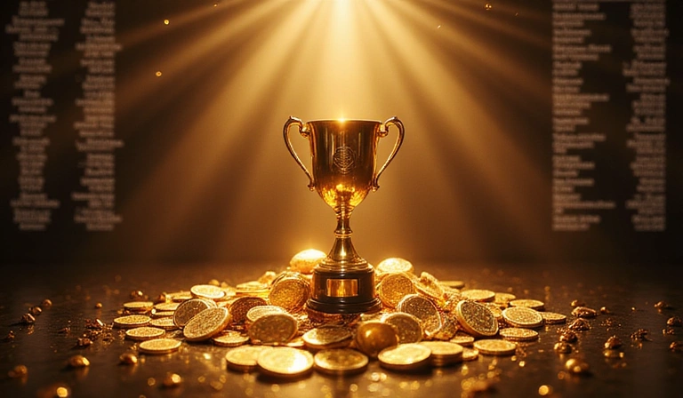 A trophy shimmering with golden light, surrounded by virtual coins and a leaderboard showing past winners, set against a dark, victorious background.