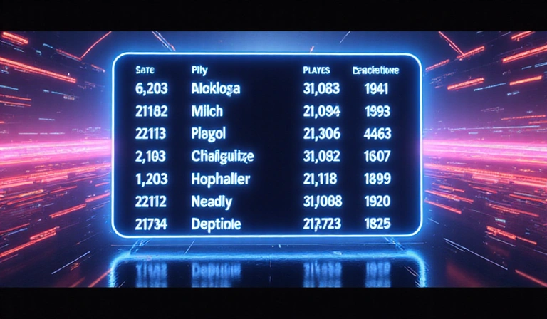 A glowing digital leaderboard displaying top player names and scores, with abstract neon lines and a dynamic background, symbolizing competition and progress.