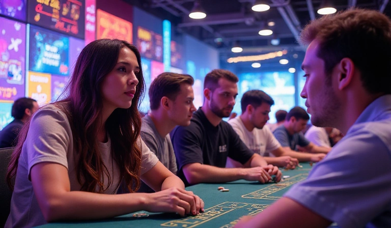 Players competing in a virtual casino tournament, focused and intense, with vibrant game graphics in the background.